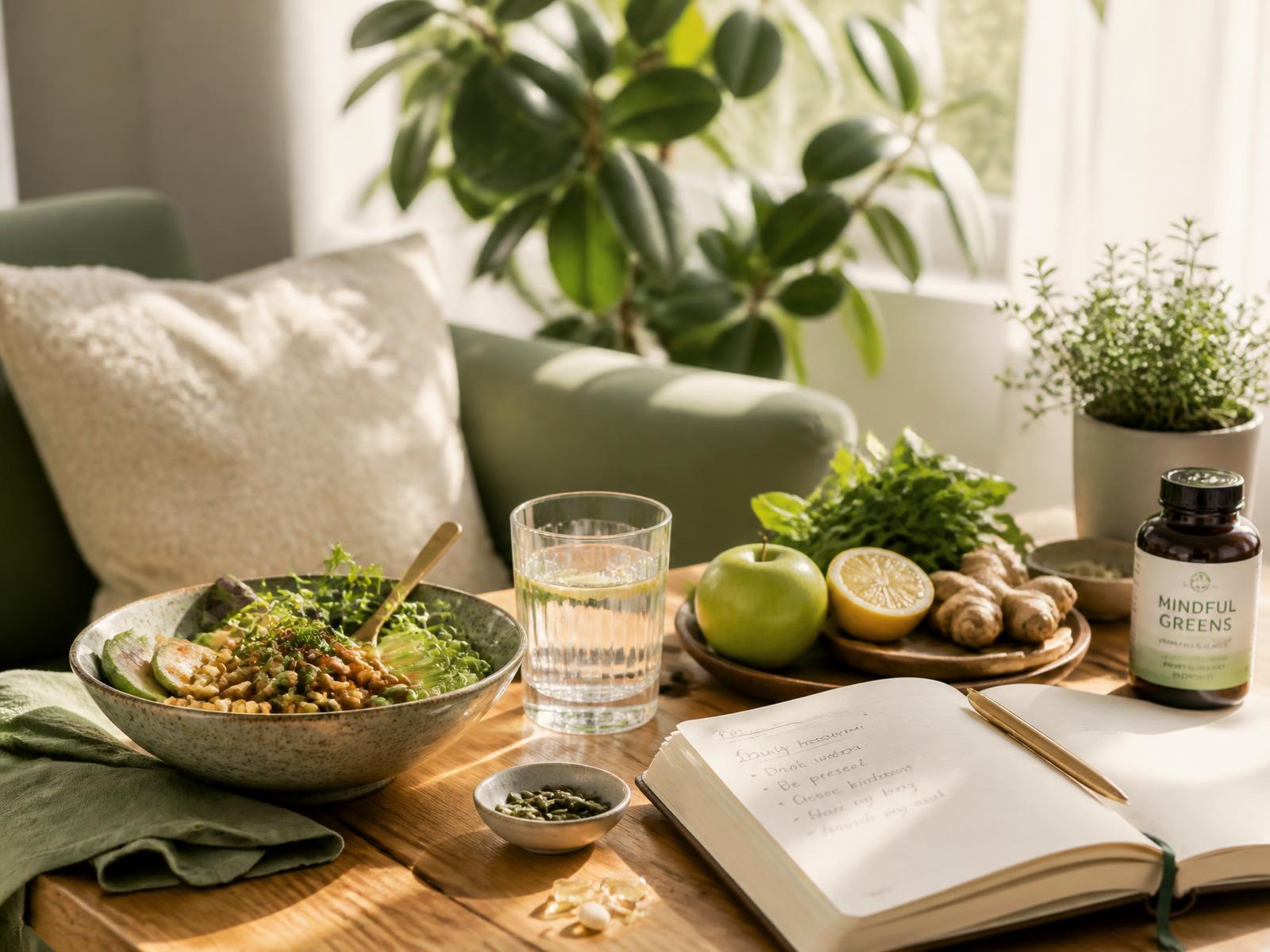A calm table set with fresh whole foods, a glass of water and an open journal in warm morning light